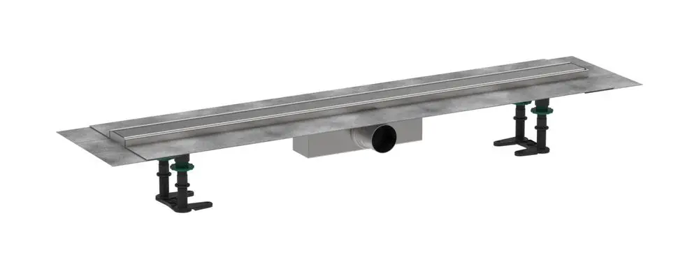 Edelstahl-Duschrinne von Hansgrohe mit integrierten Halterungen, geeignet für die Standardinstallation, präsentiert sich in einem schlichten Design.